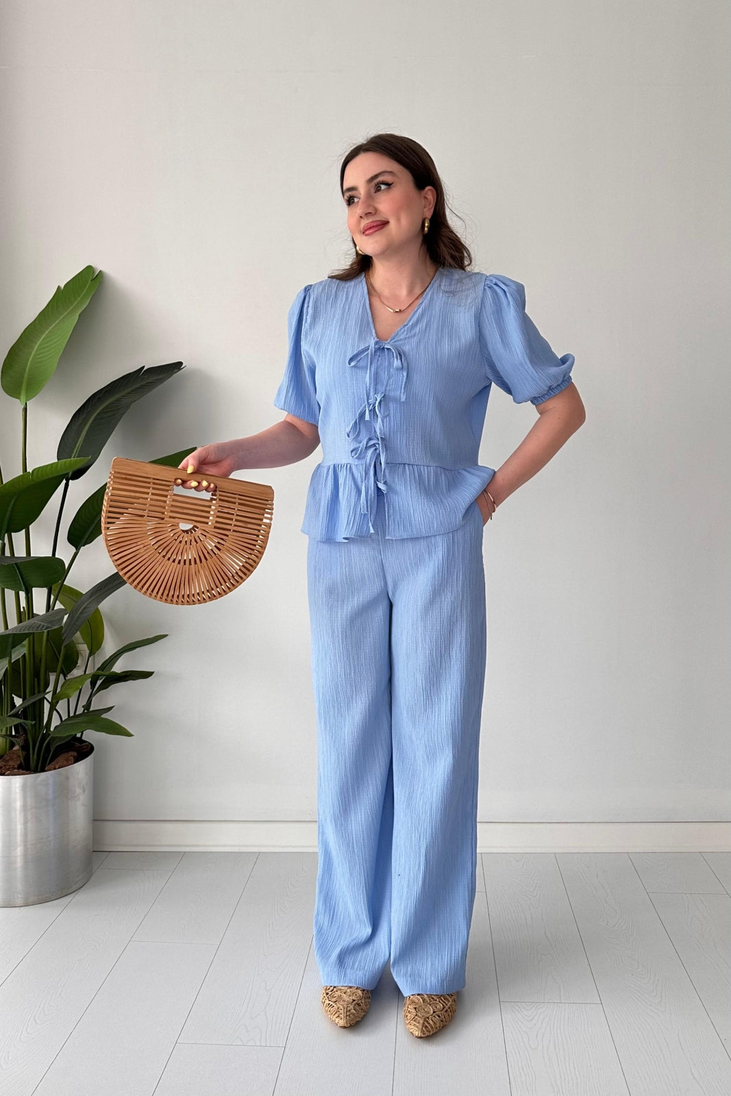 Triple-Tie Peplum Top & Wide-Leg Pants Set