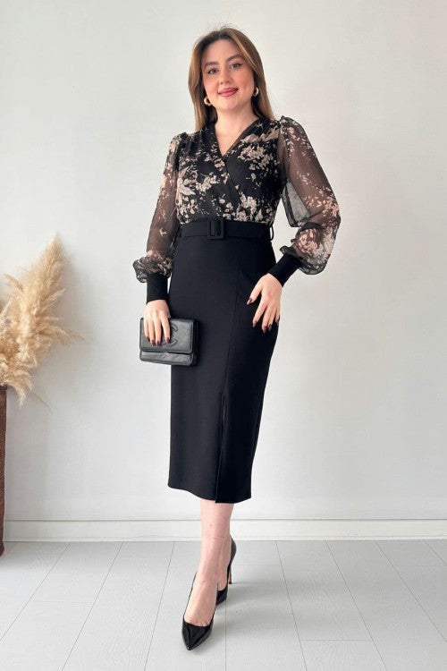 Floral Chiffon-Sleeve Belted Dress