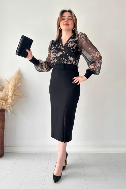 Floral Chiffon-Sleeve Belted Dress