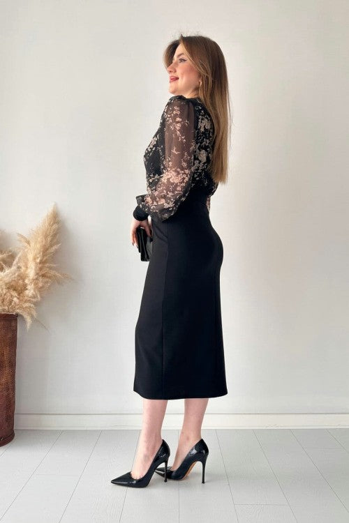 Floral Chiffon-Sleeve Belted Dress