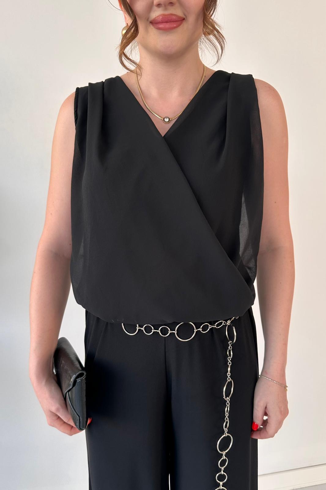 Draped Wrap-Front Chain Belted Jumpsuit