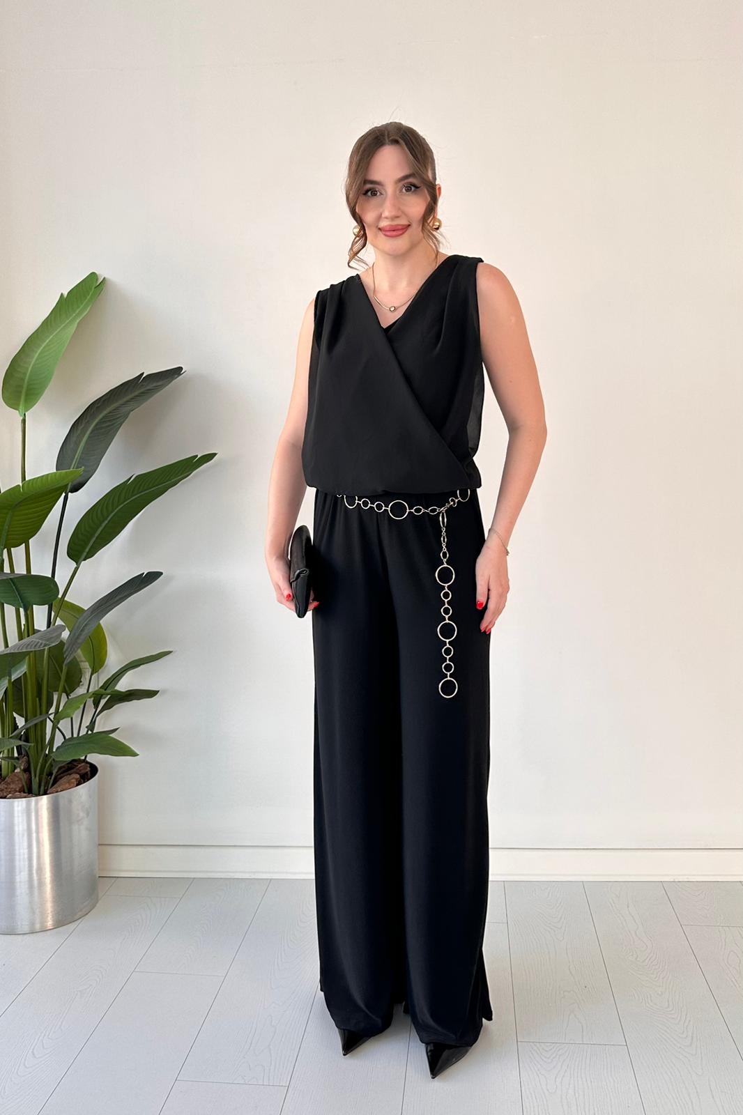 Draped Wrap-Front Chain Belted Jumpsuit